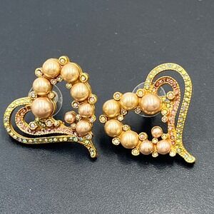 Heidi Daus Crystals and Peach Pearls Open Heart Bronze Heirloom Earrings